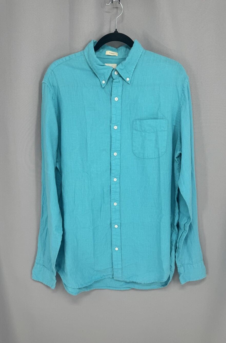 J.Crew Irish Linen Button Down Shirt Mens LT Teal Blue Slim